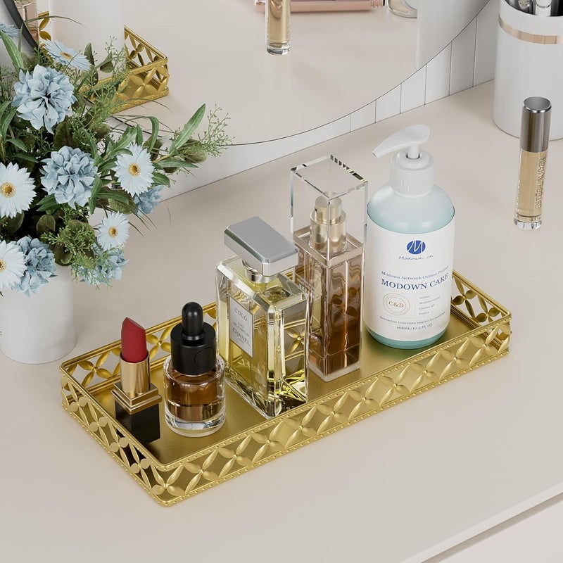 EKNITEY Bathroom Vanity Tray for Counter Organizer - 11 Inch Small Decorative Tray Gold Rectangle Countertop Tray for Perfume Makeup Cosmetic Jewelry - Image 4